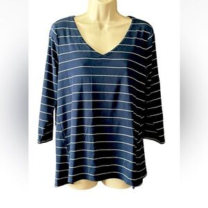 J Jill Striped V-Neck Top Size M Blue 3/4 Sleeve Drop Tail Pima Cotton*READ